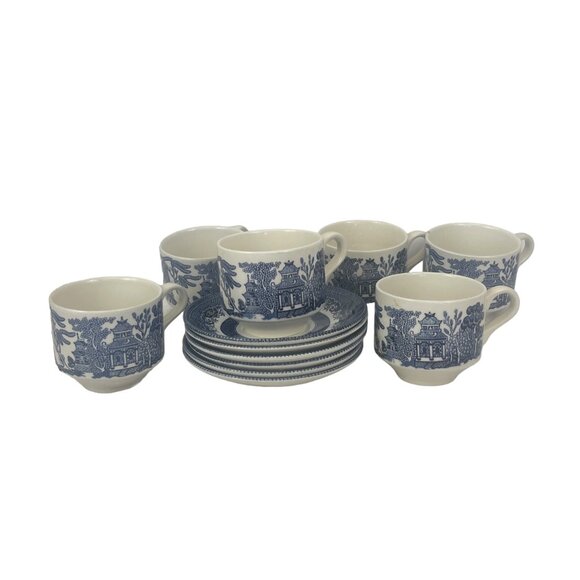 Churchill Ironstone Vintage Blue & White Willow Pattern Cups With Saucers Set Of - Picture 9 of 11